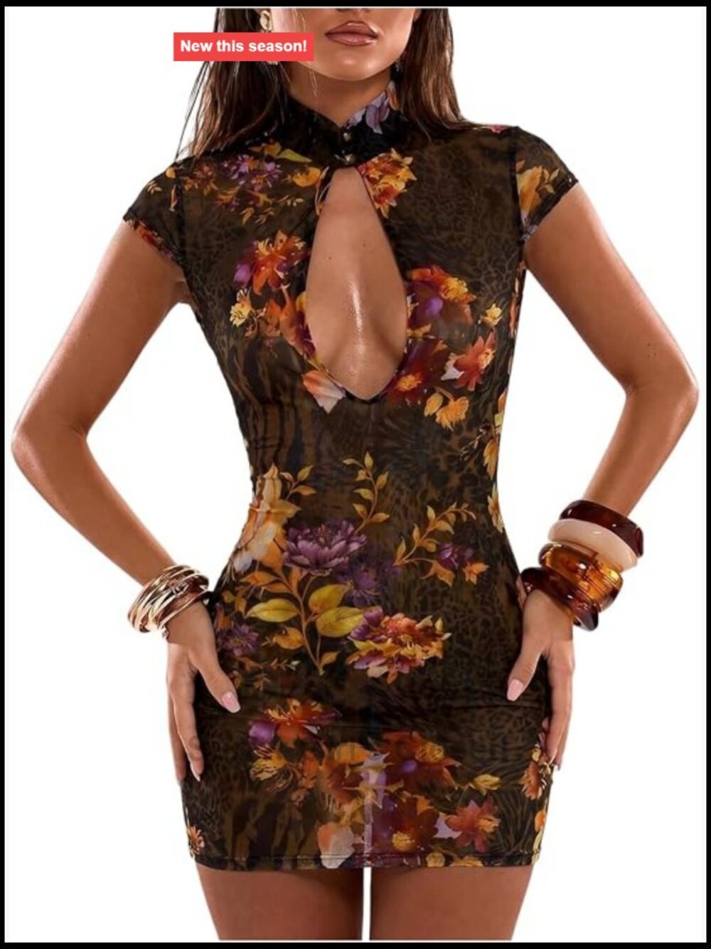 SOLY HUX Women's Floral Cheetah Print Cheongsam Dress Mesh Bodycon Mini Dress